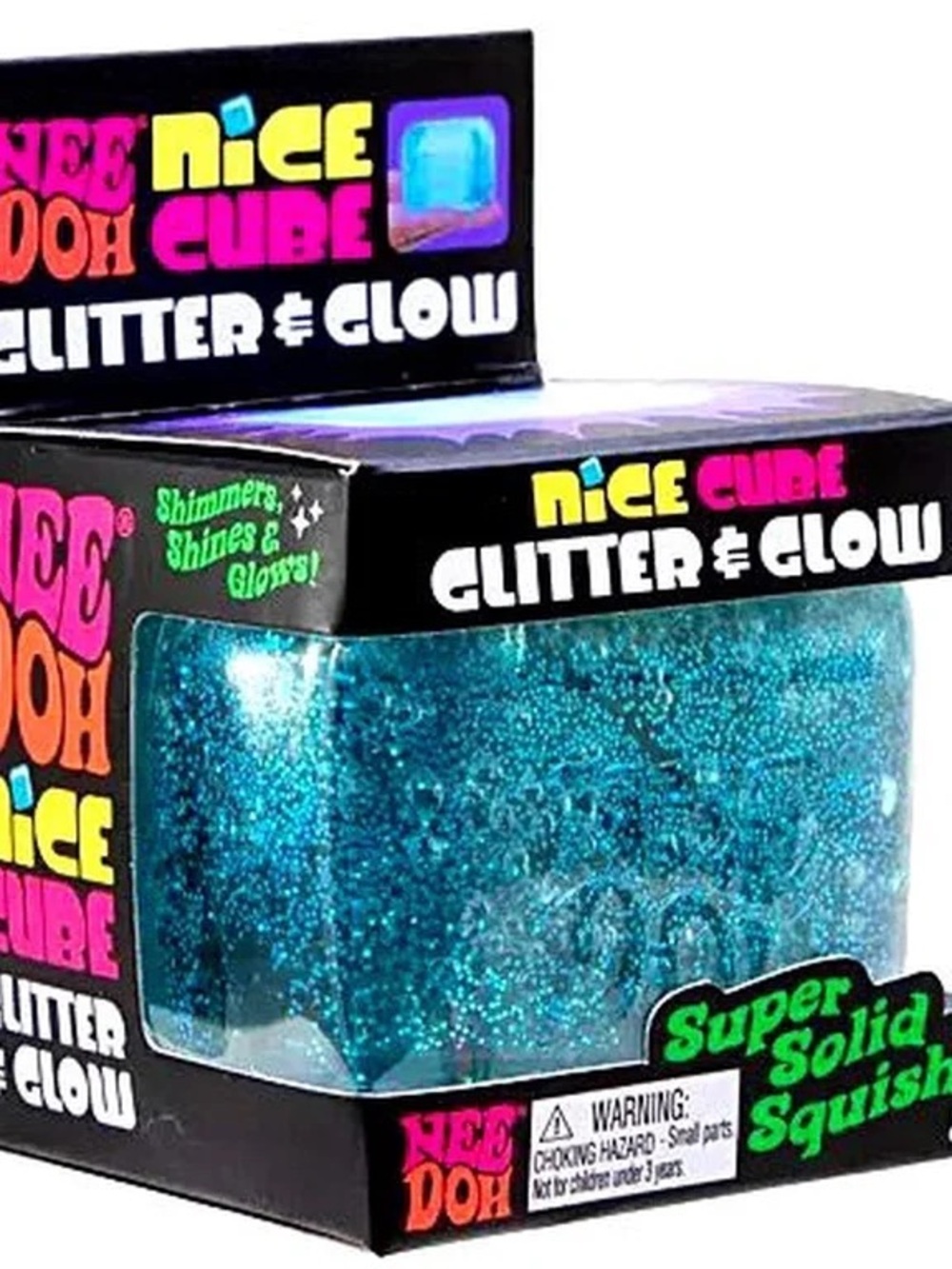 Nee Doh Nice Cube Glitter & Glow Super Solid Squish - Teal Glitter